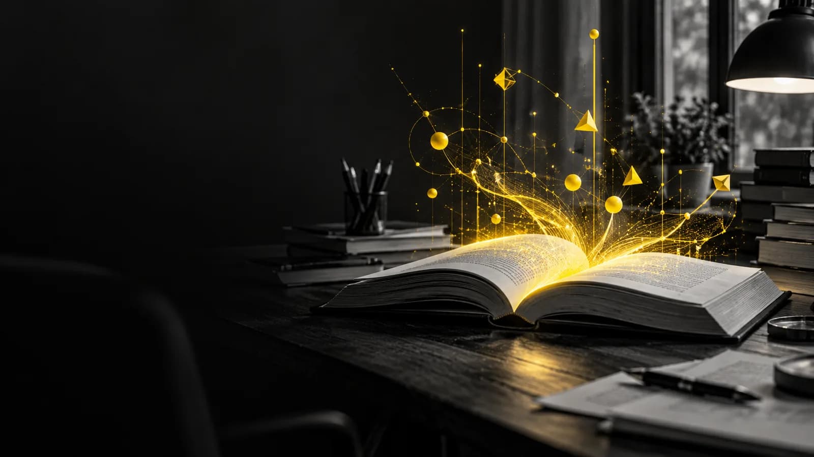 Illustrazione di un libro aperto dal quale emergono connessioni dorate.