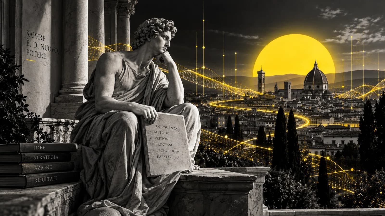 Illustrazione di una figura classica pensante e di una città collegate da una rete dorata.