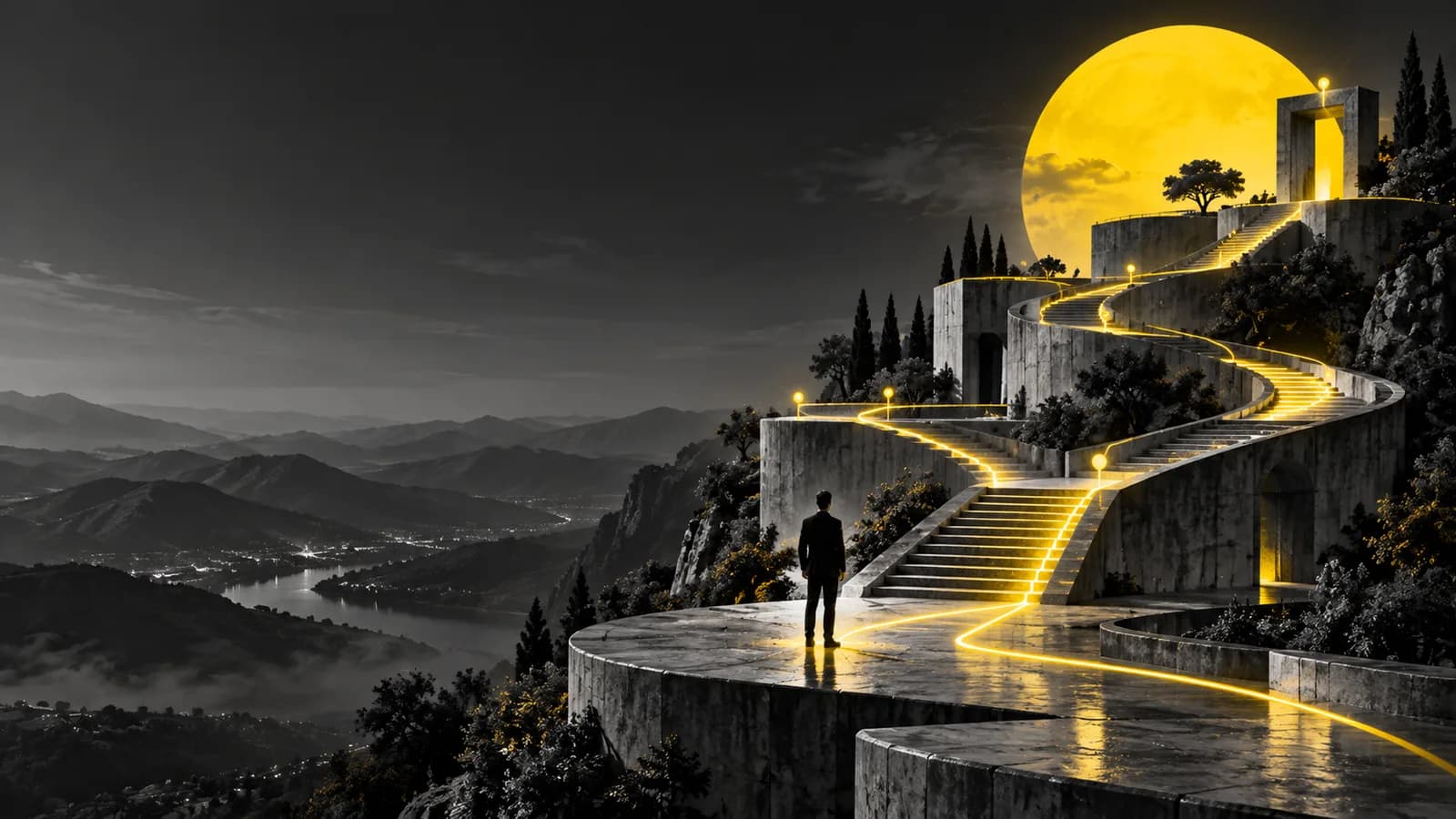Illustrazione di un percorso luminoso che collega i passaggi di una scalinata.