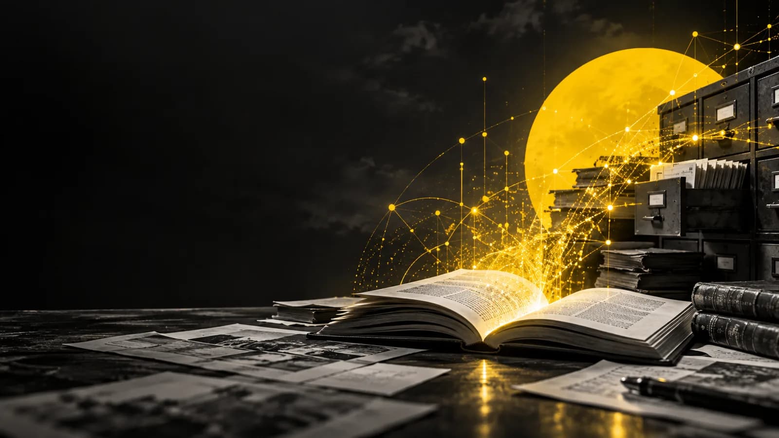 Illustrazione di un libro aperto collegato a una biblioteca da una trama luminosa.