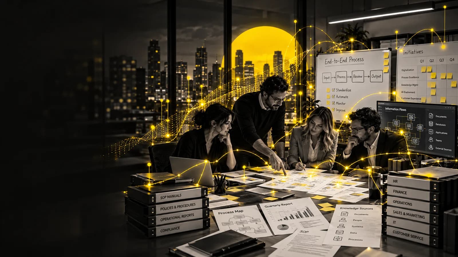 Illustrazione di un gruppo che collega processi, responsabilità e informazioni in un progetto comune.